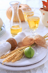 Image showing Place settings for Thanksgiving with pumpkins and apple wine