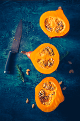 Image showing Organic pumpkin with seeds ready for cooking