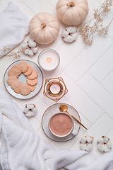 Image showing Autumn and winter still life with hot chocolate and cocoa, cookies, candles