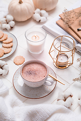 Image showing Autumn and winter still life with hot chocolate and cocoa, cookies, candles