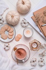 Image showing Autumn and winter still life with hot chocolate and cocoa, cookies, candles