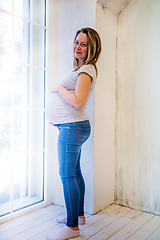 Image showing Beautiful pregnant woman standing near the window at home