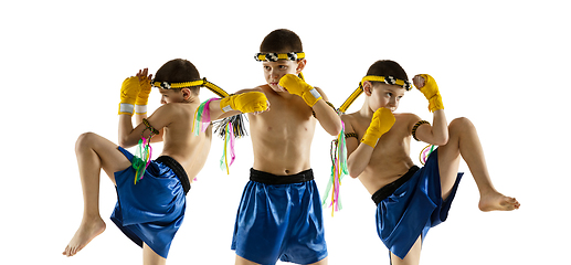 Image showing Little boy exercising thai boxing on white background. Fighter practicing, training in martial arts in action, motion. Evolution of movement, catching moment.