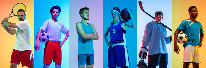 Image showing Collage of different professional sportsmen, fit people in action and motion isolated on multicolored neon background. Flyer.