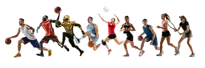 Image showing Collage of different professional sportsmen, fit people in action and motion isolated on white background. Flyer.