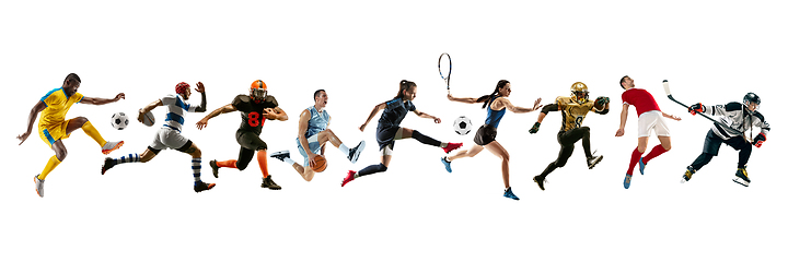 Image showing Collage of different professional sportsmen, fit people in action and motion isolated on white background. Flyer.