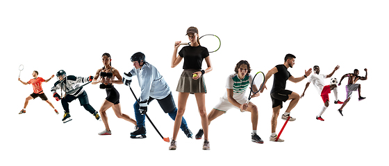 Image showing Collage of different professional sportsmen, fit people in action and motion isolated on white background. Flyer.