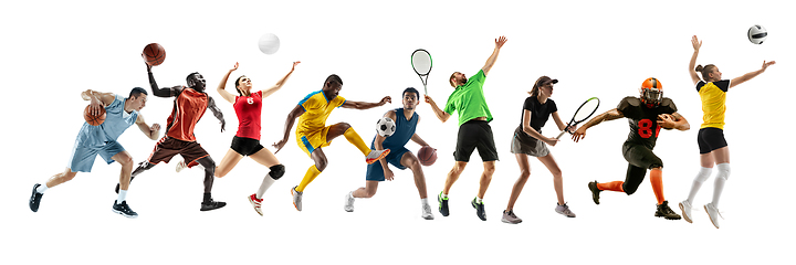 Image showing Collage of different professional sportsmen, fit people in action and motion isolated on white background. Flyer.