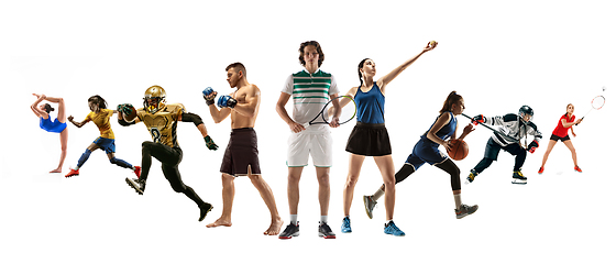 Image showing Collage of different professional sportsmen, fit people in action and motion isolated on white background. Flyer.