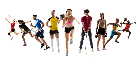 Image showing Collage of different professional sportsmen, fit people in action and motion isolated on white background. Flyer.