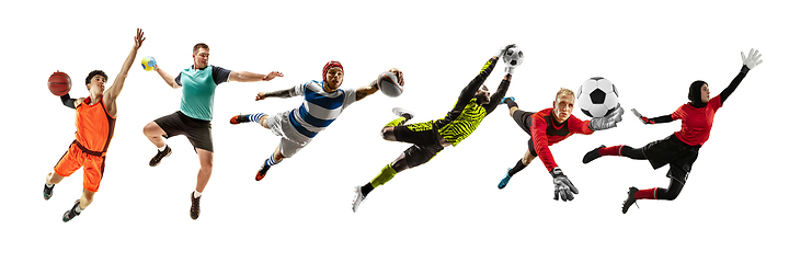 Image showing Collage of different professional sportsmen, fit people in action and motion isolated on white background. Flyer.