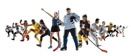 Image showing Collage of different professional sportsmen, fit people in action and motion isolated on white background. Flyer.