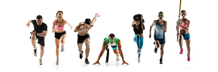 Image showing Collage of different professional sportsmen, fit people in action and motion isolated on white background. Flyer.