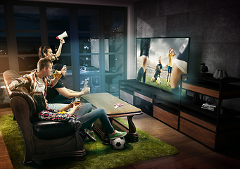 Image showing Group of friends watching TV, match, sport games