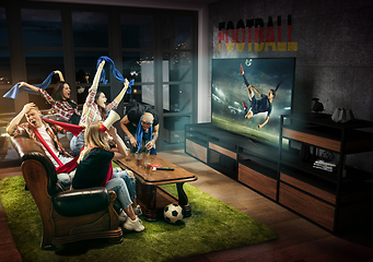 Image showing Group of friends watching TV, football match with flag, sport games