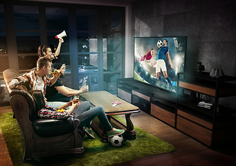 Image showing Group of friends watching TV, football match, sport games