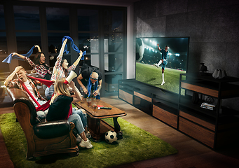 Image showing Group of friends watching TV, football, soccer match, sport games