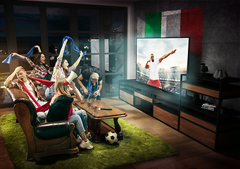 Image showing Group of friends watching TV, football match in Italy, sport games