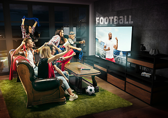 Image showing Group of friends watching TV, football, soccer match, sport games