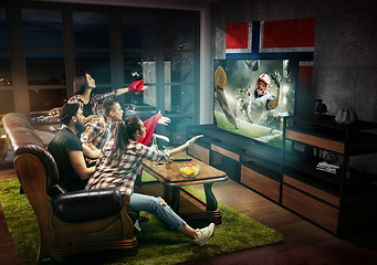 Image showing Group of friends watching TV, american football match, sport games in Norway