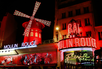 Image showing View of the Moulin Rouge (Red Mill) at night in Paris, France