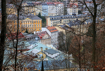 Image showing Cityscape of Karlovy Vary from the hill in the late autumn