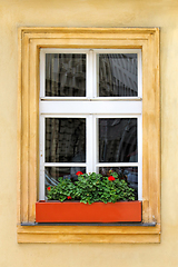 Image showing Window of old house with geranium flowers