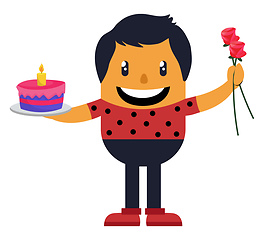 Image showing Romantic man with cake and roses, illustration, vector on white 