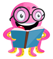 Image showing Happy geek octopus reading a book illustration vector on white b