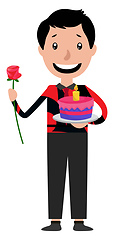 Image showing Cartoon man holding a cake and giving the rose illustration vect