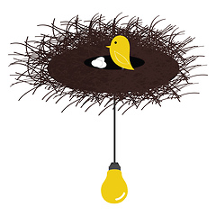 Image showing Cartoon bird in a nest on top a yellow electric bulb vector or c