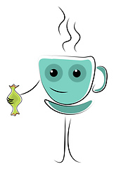 Image showing Emoji blue coffee cup holding a green candy vector or color illu