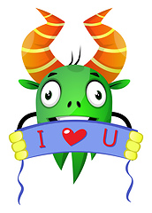 Image showing Green cartoon monster expressing love, illustration, vector on w