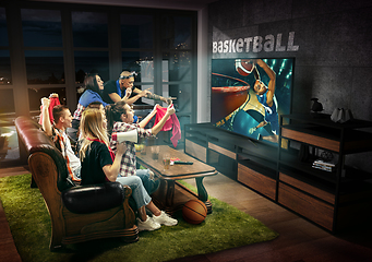 Image showing Group of friends watching TV, basketball match, sport games