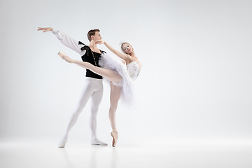 Image showing Young graceful couple of ballet dancers on white studio background