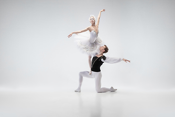 Image showing Young graceful couple of ballet dancers on white studio background