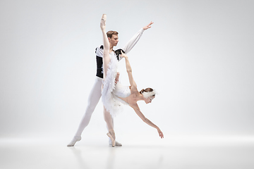 Image showing Young graceful couple of ballet dancers on white studio background