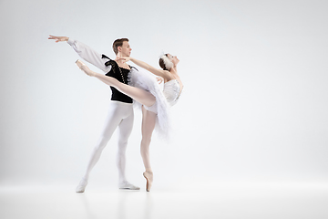 Image showing Young graceful couple of ballet dancers on white studio background