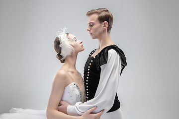 Image showing Young graceful couple of ballet dancers on white studio background