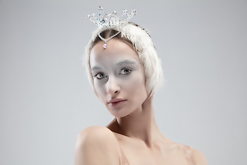 Image showing Close up of young graceful ballerina on white studio background