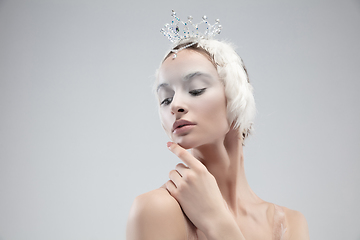 Image showing Close up of young graceful ballerina on white studio background