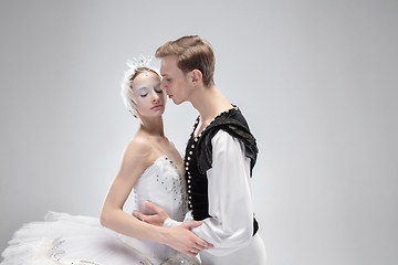 Image showing Young graceful couple of ballet dancers on white studio background