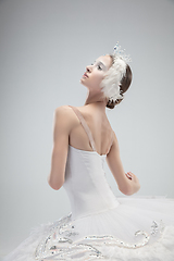 Image showing Close up of young graceful ballerina on white studio background