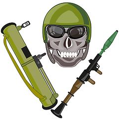Image showing Skull of the person in helmet and weapon grenade launchers
