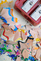 Image showing Sharpener and colored pencil shavings