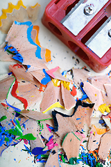 Image showing Sharpener and colored pencil shavings