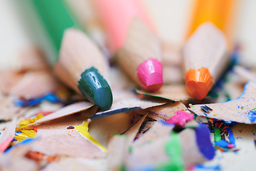 Image showing Closeup on sharpened colored pencils with shavings