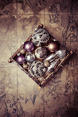 Image showing Vintage Christmas ornaments with copy space