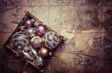 Image showing Vintage Christmas ornaments with copy space