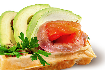 Image showing Closeup french waffle with avocado and salmon